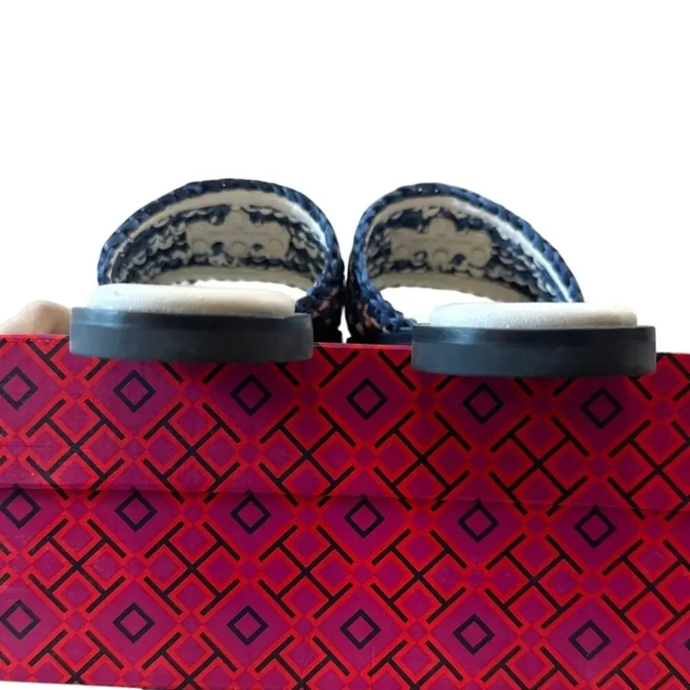 Tory Burch Everly Crochet Raffia Slide Denim Blue White 7
